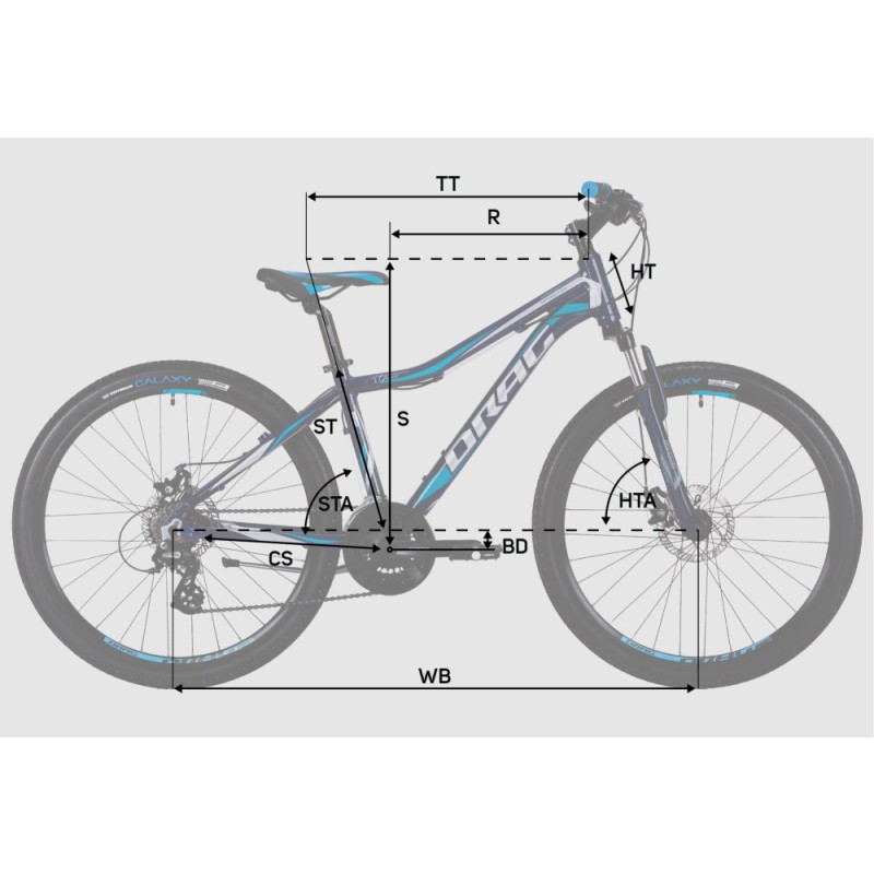 Shema geometrije ženskega gorskega kolesa Drag Grace.